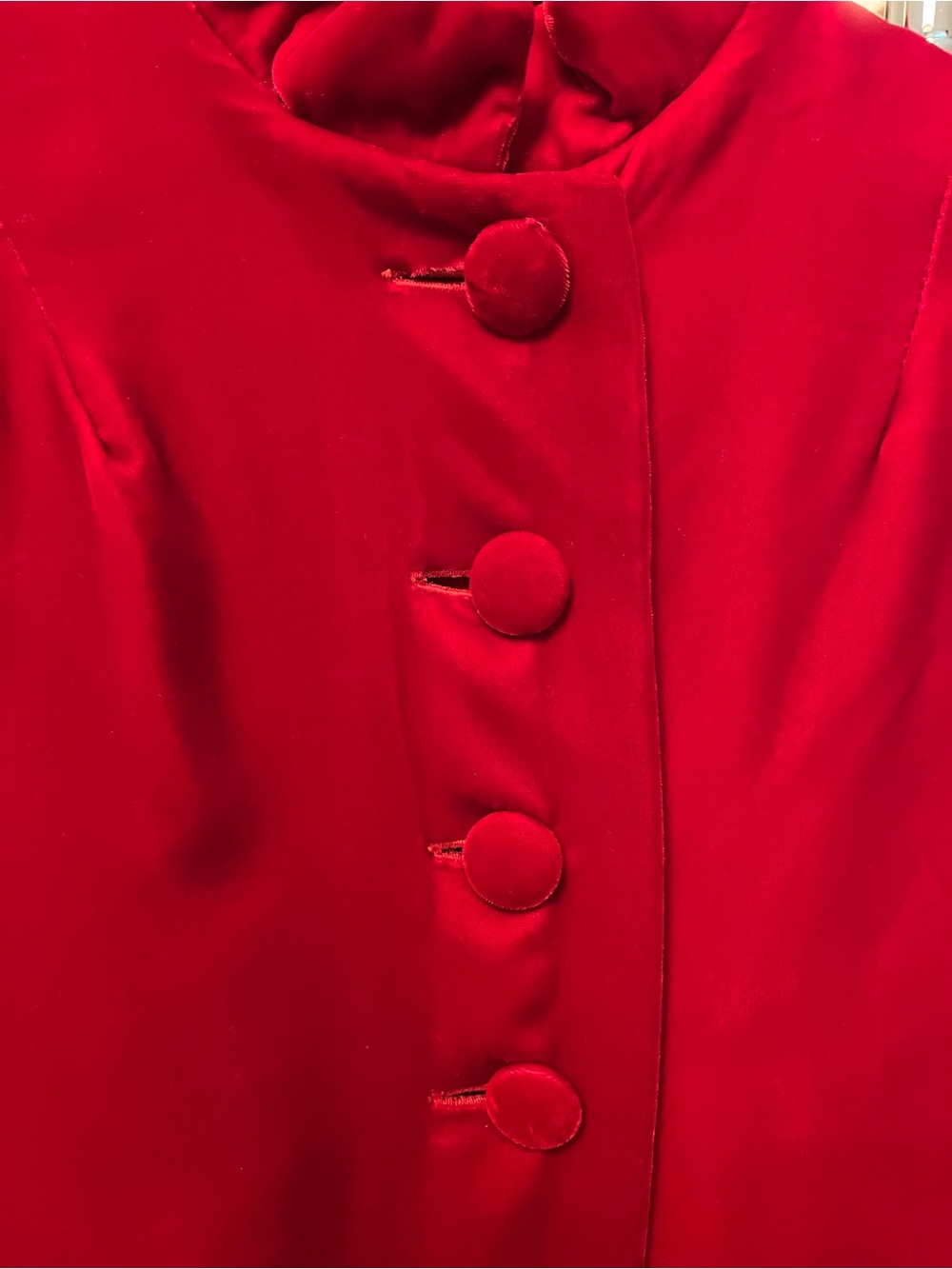 Red Velvet High-Neck Button Front Cape Jacket - Picture 2 of 4